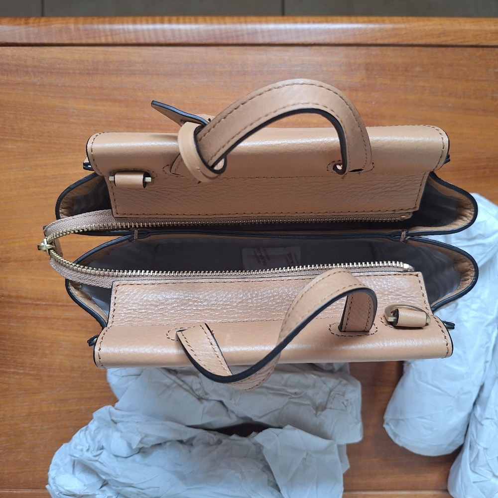 Kate Spade Tan Leather Satchel Crossbody Structured Trapezoid Camel Neutral NEW - Picture 12 of 15